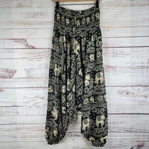 Earthbound Trading Co Womens Size XL Harem Boho Pants/Jumper Black Elephants